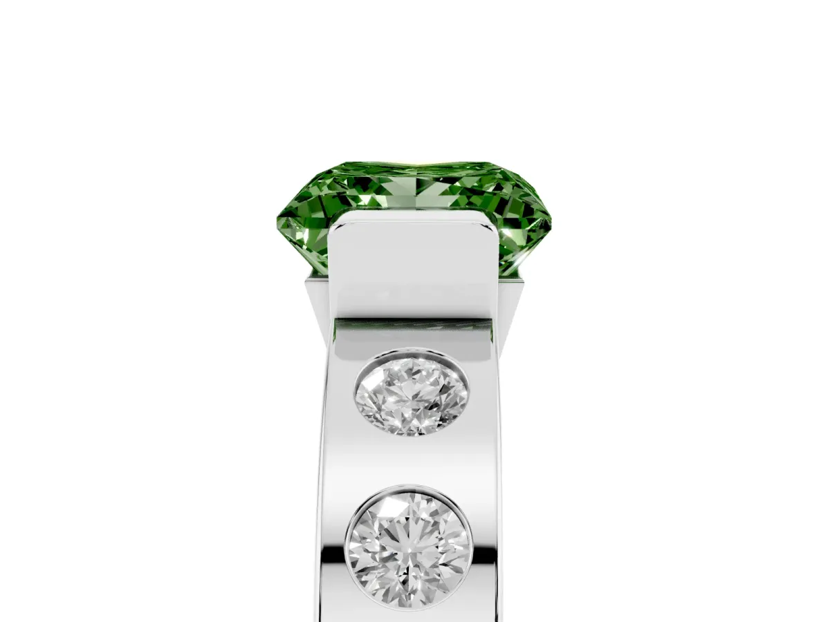 Fancy Green Princess Cut Brilliant Channel-Set Diamond Ring with Bezel Prong Setting Silver