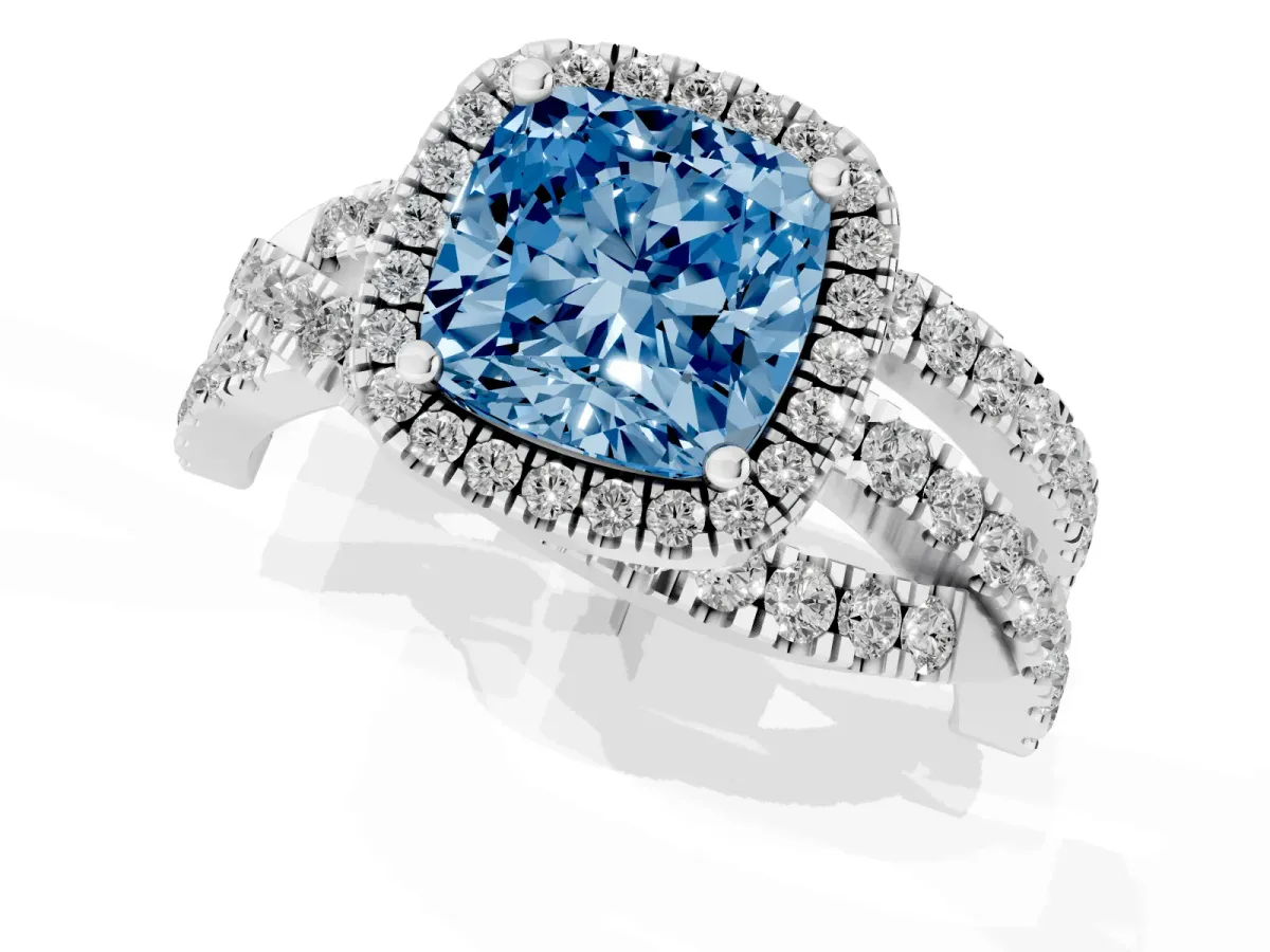 Fancy Blue Cushion Cut Diamond Halo Ring with Round Split Shank and Prong Setting Platinum