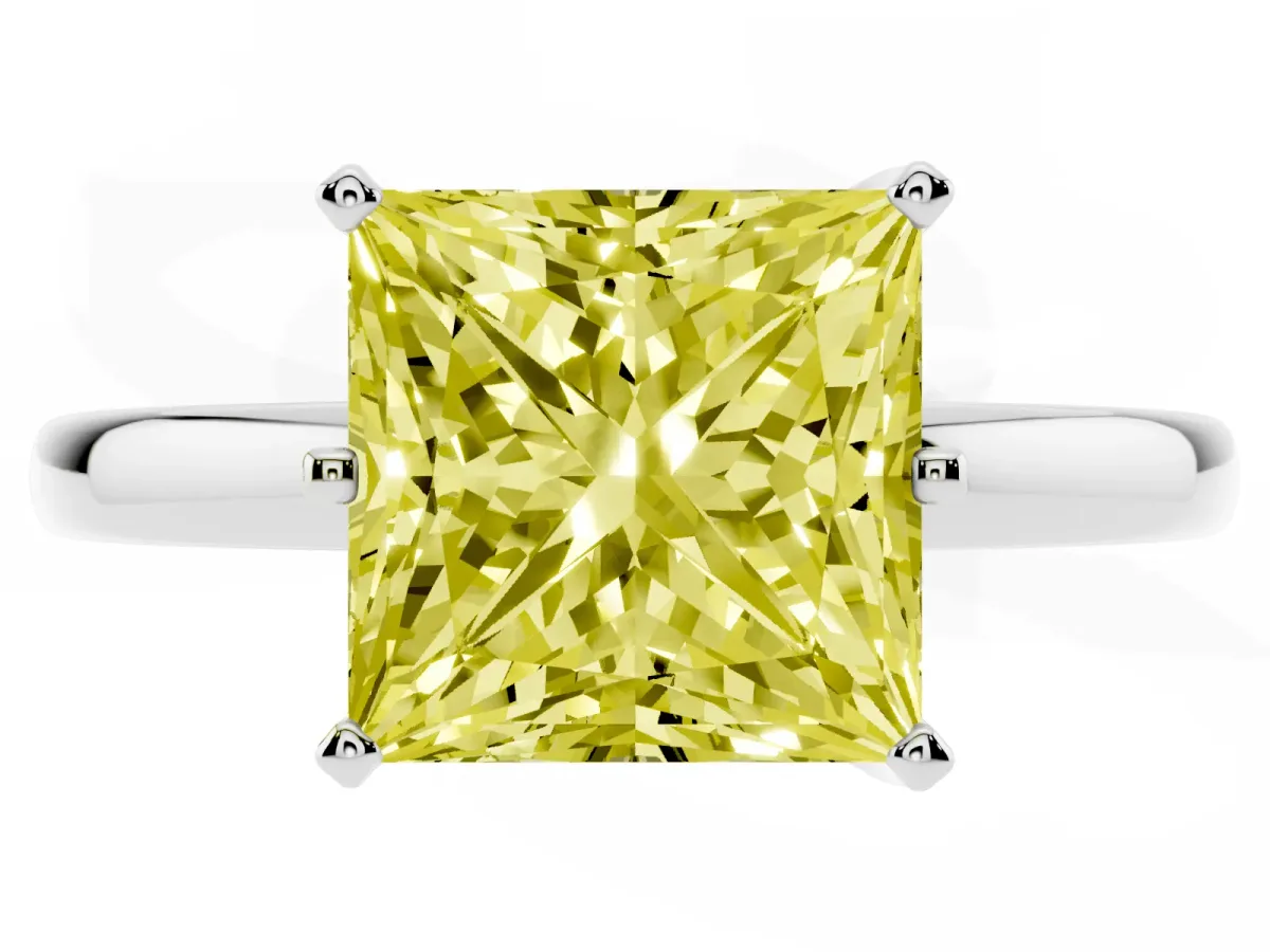 Fancy Yellow Princess Cut Solitaire Diamond Ring with Six-Prong Setting on a Classic Band Silver