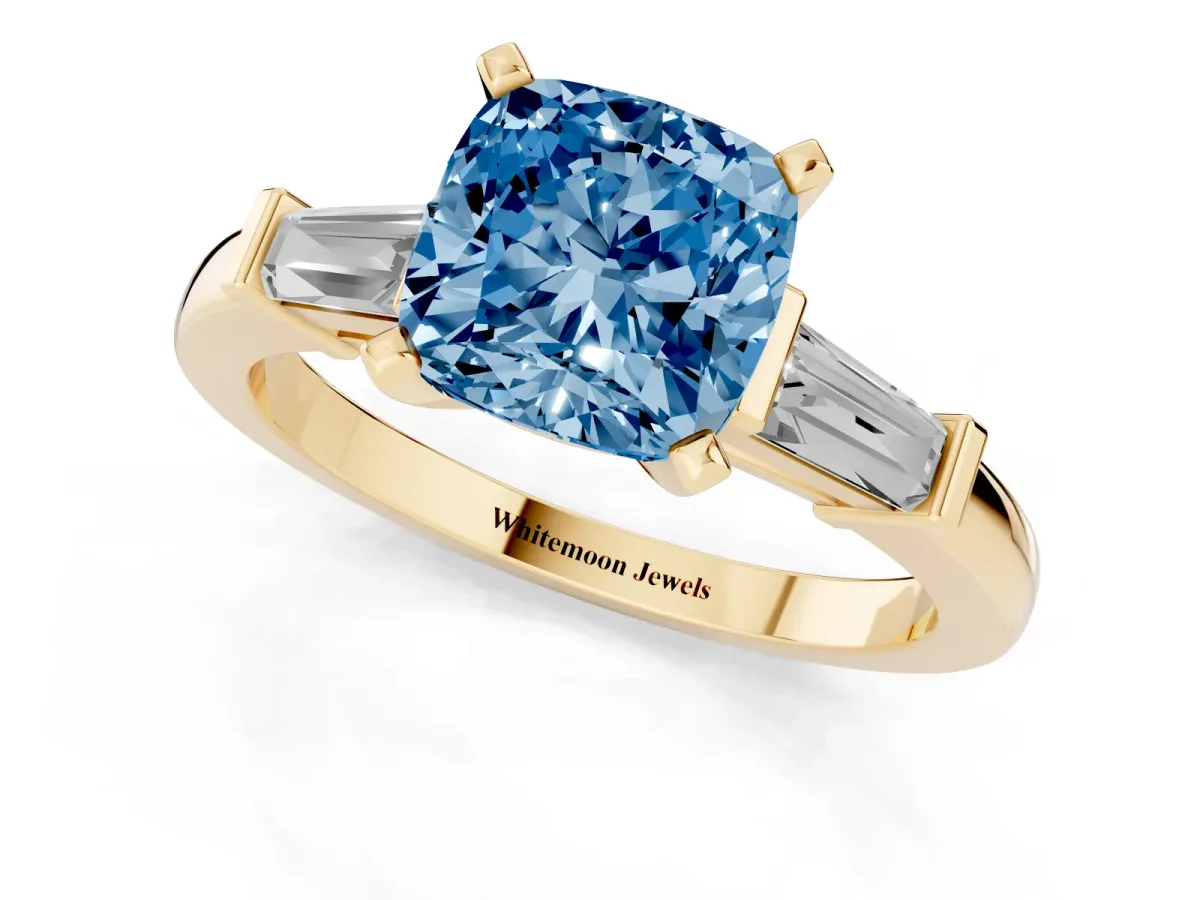 Fancy Blue Cushion Cut Cut Diamond Solitaire Ring with Tapered Baguette Accents and Four-Prong Setting Yellow gold