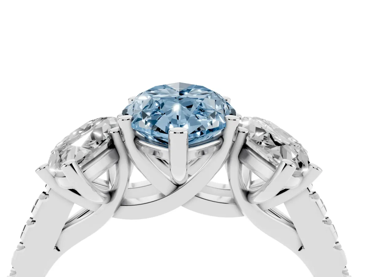 Fancy Blue Three-Stone Marquise Cut Diamond Ring with Round Pavé Band and Prong Setting Silver