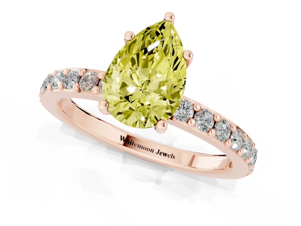 Fancy Yellow Pear Cut Cut Diamond Solitaire with Pave Band and Four-Prong Setting Rose gold