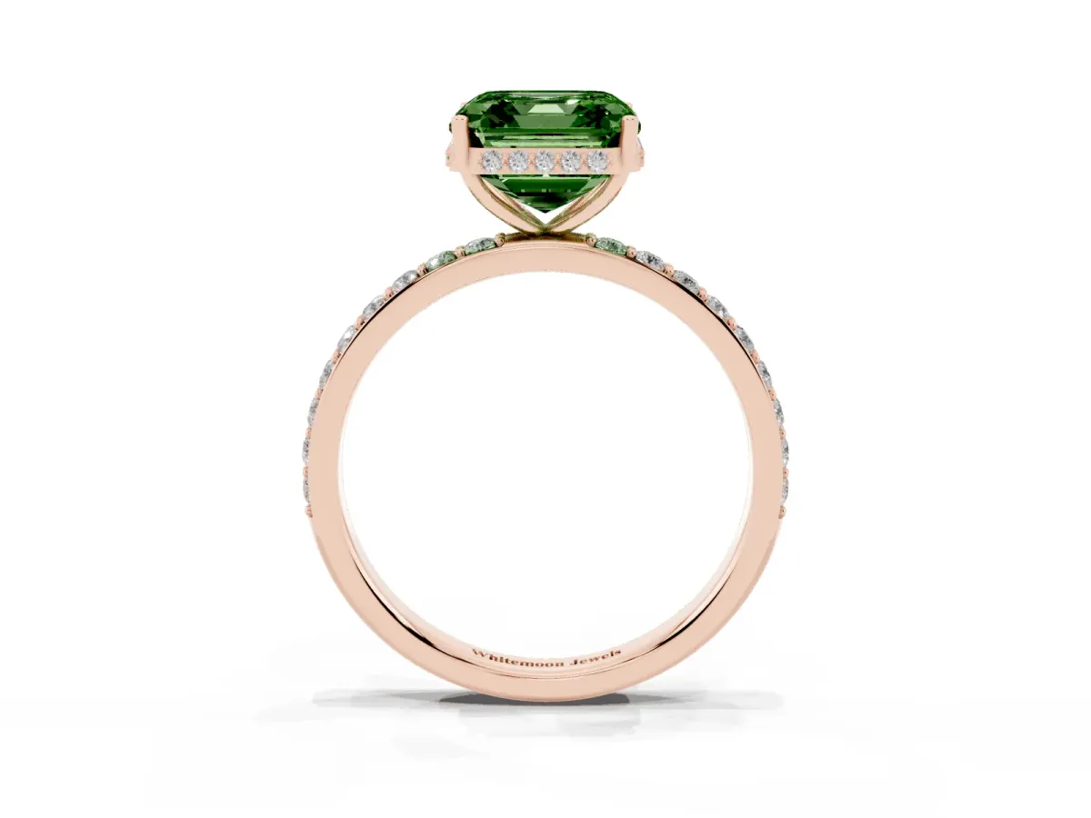 Fancy Green Asscher Cut Diamond Solitaire Ring with Pavé Band and Hidden Halo Rose gold
