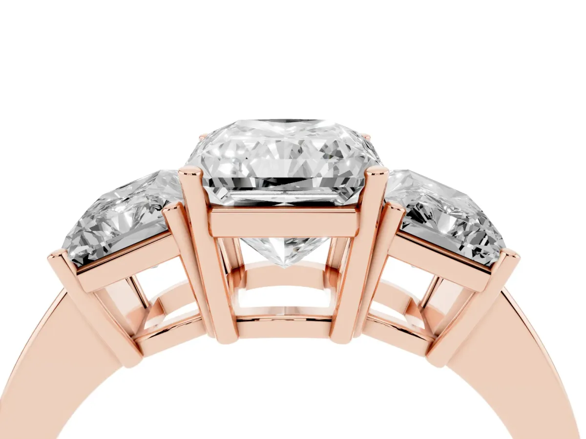 Three-Stone Radiant Cut Cut Diamond Engagement Ring with Flat Band and Four-Prong Setting Rose gold