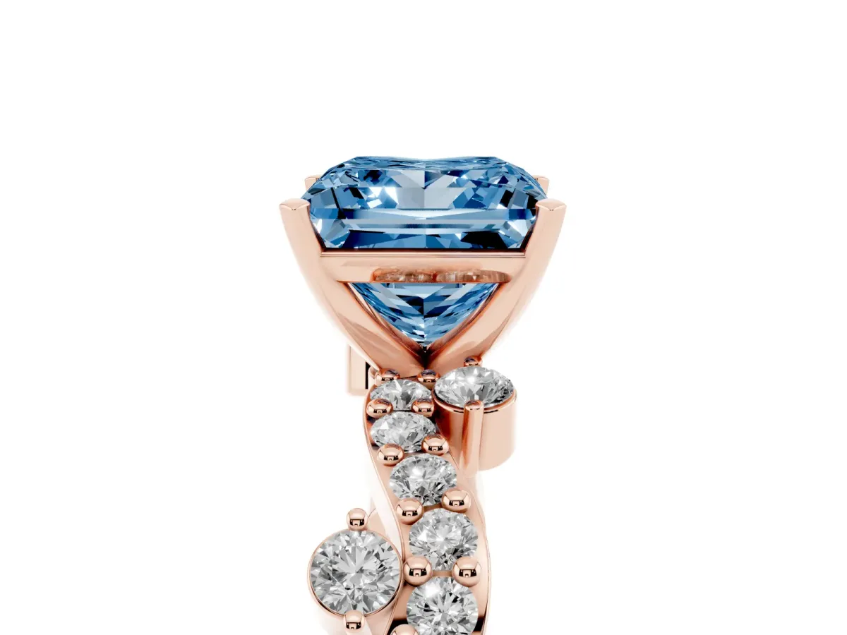 Fancy Blue Princess Cut Cut Solitaire Diamond Twisted Band with Pave Setting Rose gold