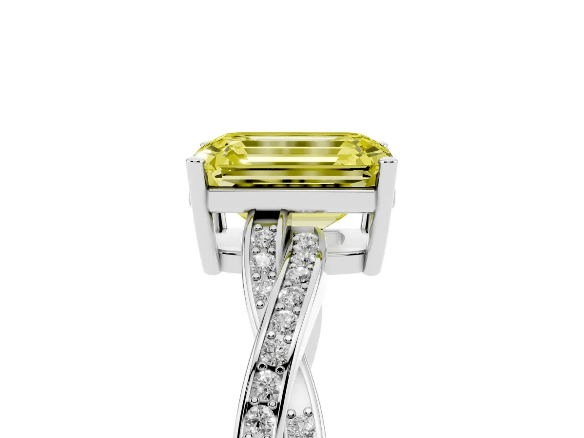 Fancy Yellow Emerald Cut Solitaire Twisted Pave Diamond Ring with Four-Prong Setting White gold