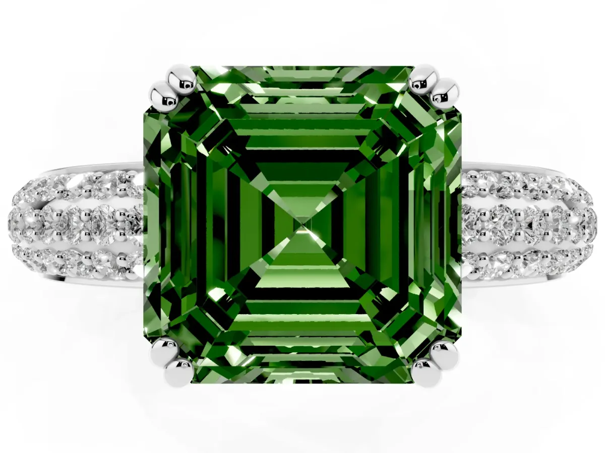 Fancy Green Asscher Cut Diamond Solitaire Ring with Multi-Row Round Pavé Band and Prong Setting Silver