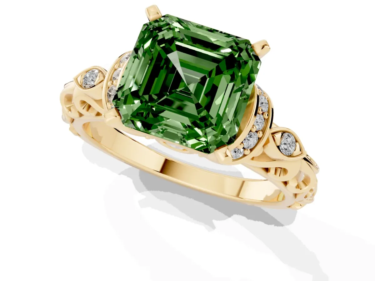 Fancy Green Asscher Cut Diamond Solitaire Ring with Filigree Band and Four-Prong Setting Yellow gold