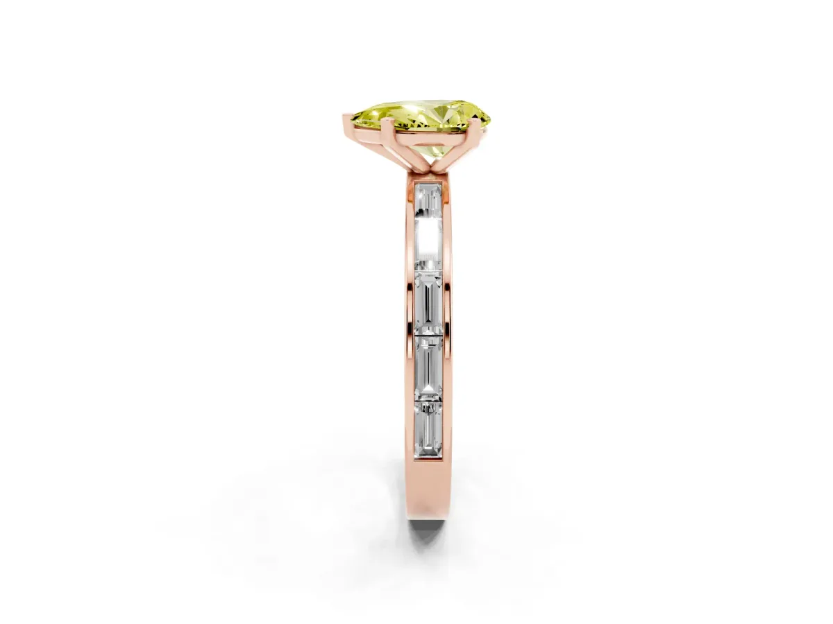Fancy Yellow Pear Cut Solitaire Diamond Ring with Channel-Set Baguette Band and Four-Prong Setting Rose gold