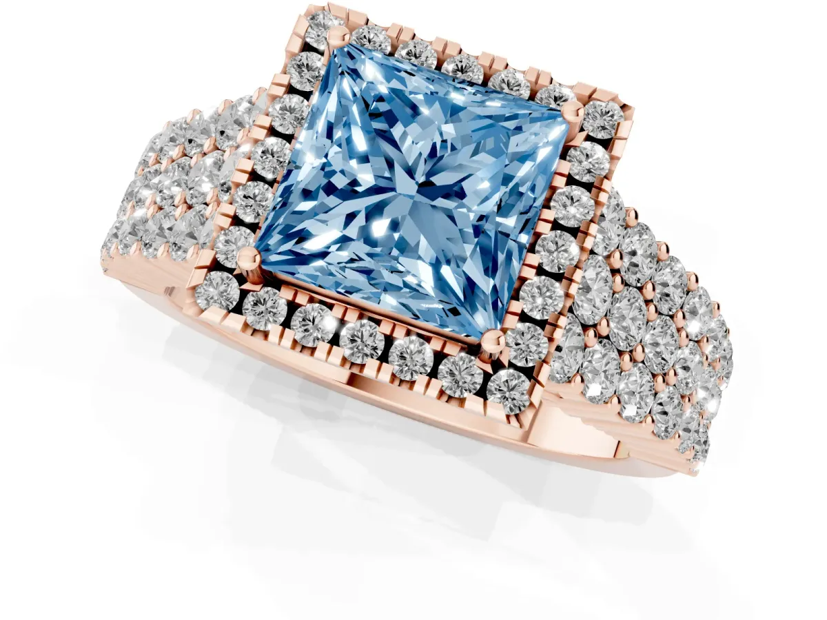 Fancy Blue Princess Cut Diamond Halo Engagement Ring with Triple Row Round Pavé Band and Prong Setting Rose gold