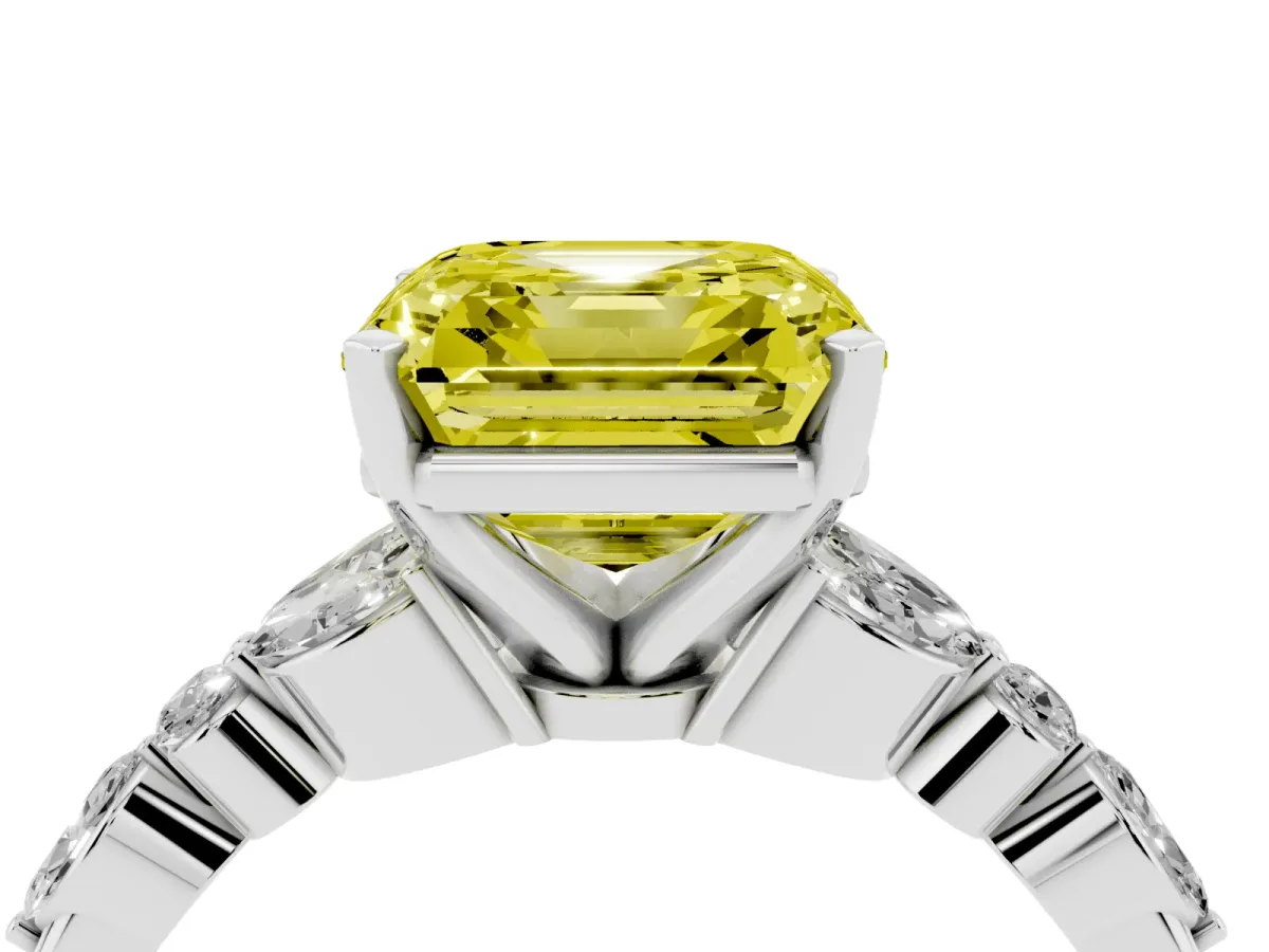 Fancy Yellow Asscher Cut Diamond Solitaire Ring with Side Stones and Four-Prong Setting Silver
