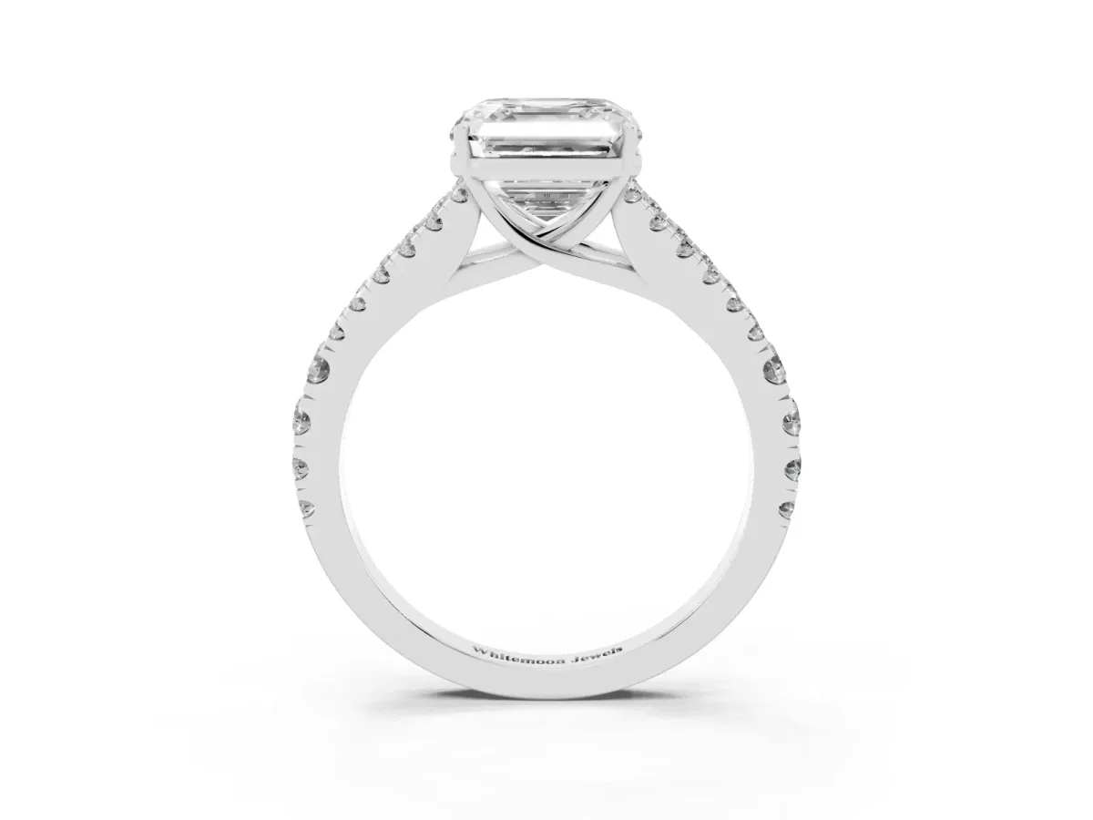Asscher Cut Diamond Split Shank Engagement Ring with Round Pavé and Prong Setting Platinum