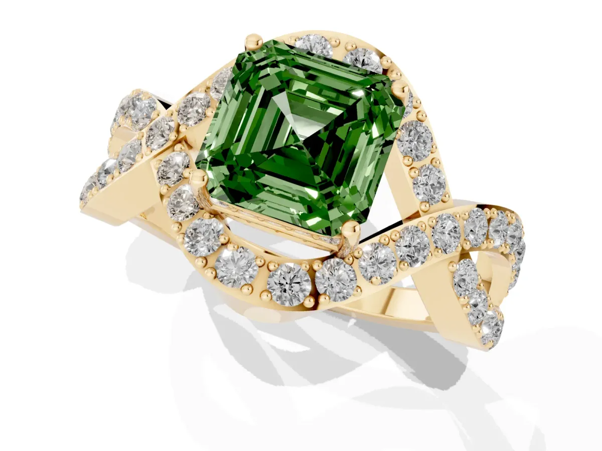 Fancy Green Asscher Cut Solitaire Twist Band Pavé Diamond Engagement Ring Yellow gold