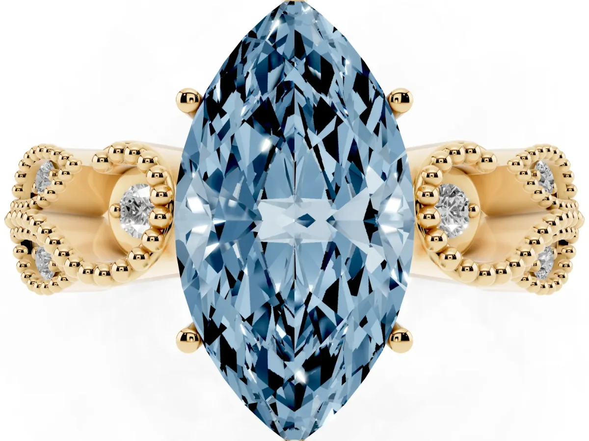 Fancy Blue Marquise Cut Solitaire Milgrain Leaf Band with Prong Setting Yellow gold