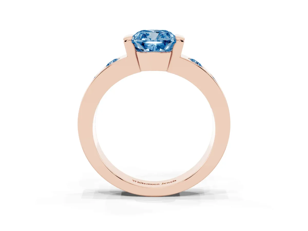 Fancy Blue Cushion Cut Brilliant Channel-Set Diamond Ring with Bezel Prong Setting Rose gold