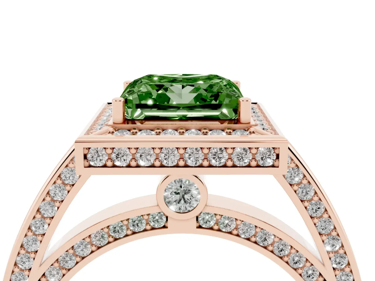 Fancy Green Princess Cut Cut Halo Pave Split Shank Prong Setting Ring Rose gold