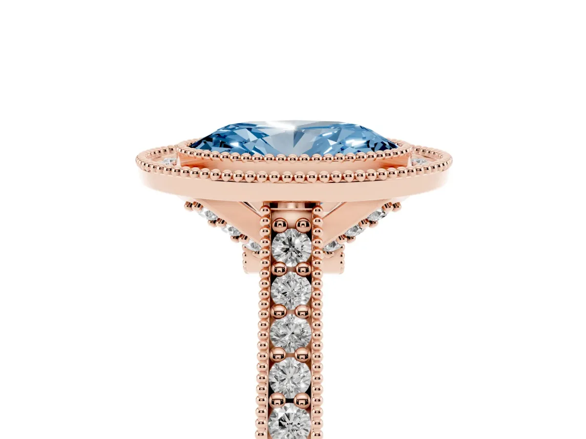 Fancy Blue Halo Oval Cut-Cut Diamond Pave Band Milgrain Prong Setting Ring Rose gold