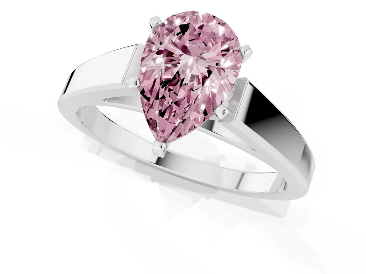 Fancy Pink Pear Cut Solitaire Engagement Ring with Four-Prong Setting and Tapered Band Platinum
