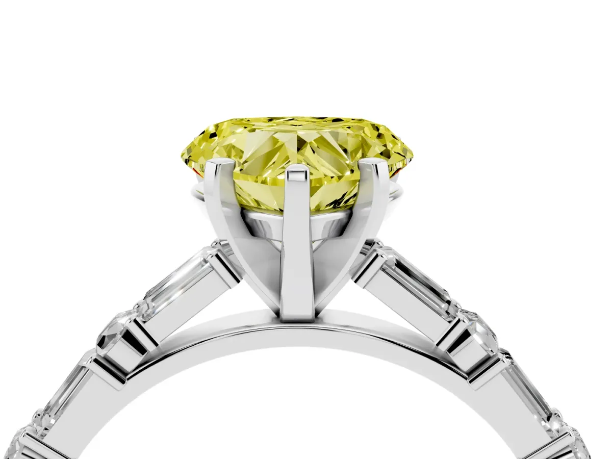 Fancy Yellow Heart Cut Diamond Solitaire with Side Baguettes and Channel Set Band Silver