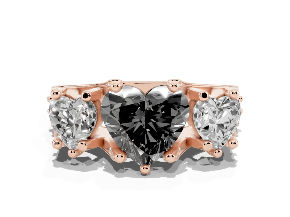 Fancy Black Heart Cut Diamond Three-Stone Ring with Channel Set Band and Four-Prong Setting Rose gold