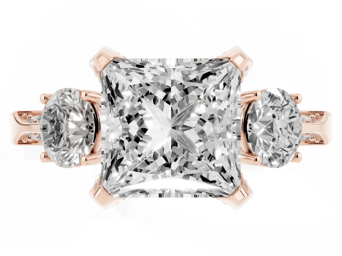 Princess Cut Brilliant Three-Stone Diamond Ring with Pavé Band and Four-Prong Setting Rose gold