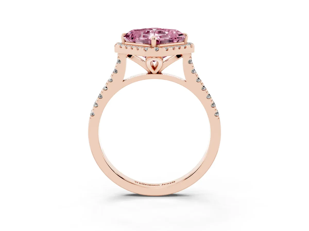 Fancy Pink Asscher Cut Diamond Cushion Halo Ring with Pavé Band Rose gold