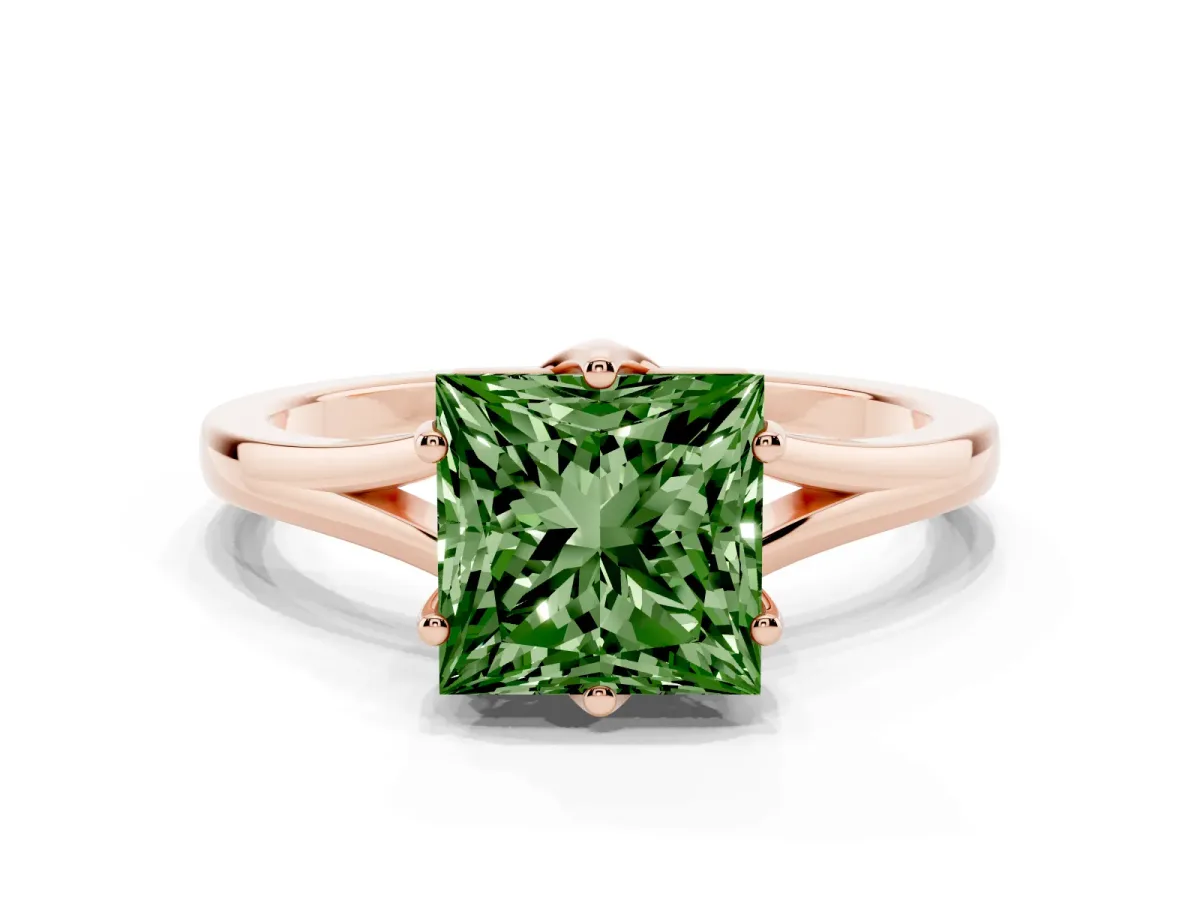 Fancy Green Princess Cut Solitaire Diamond Ring with Six-Prong Setting and Tapered Band Rose gold