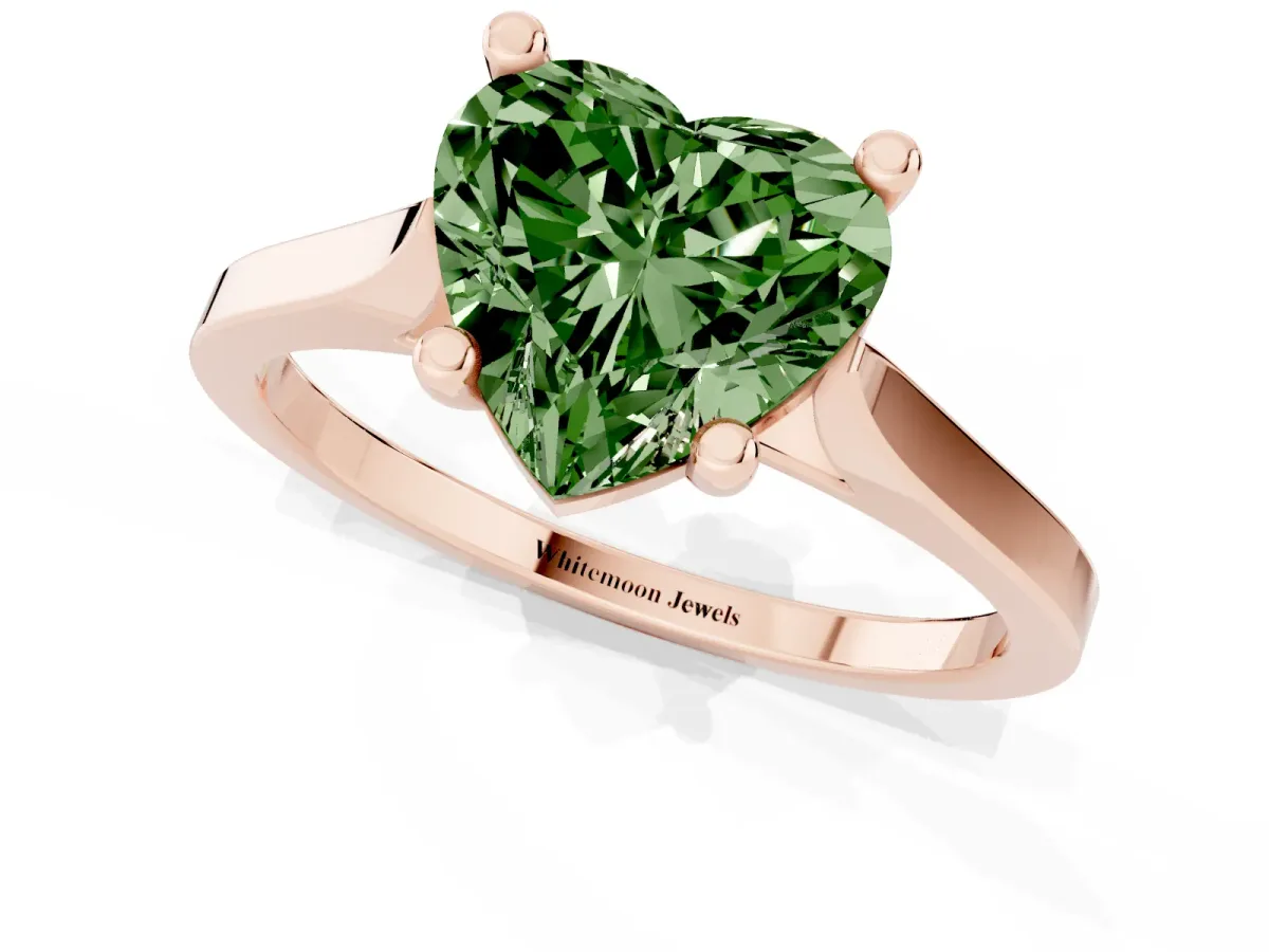 Fancy Green Heart Cut Solitaire Diamond Ring with Four-Prong Setting and Tapered Band Rose gold