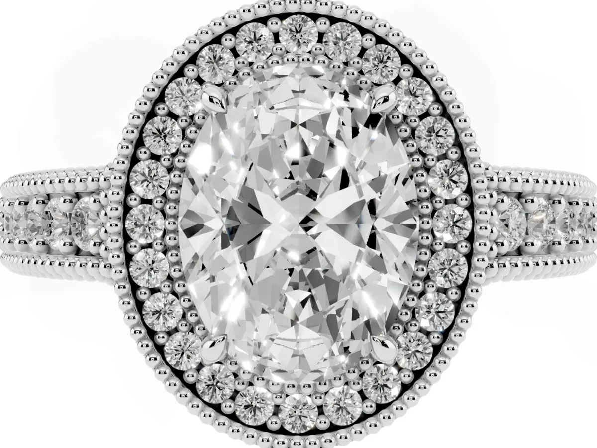 Oval Cut Cut Halo Diamond Ring with Pavé Band and Four-Prong Setting Platinum