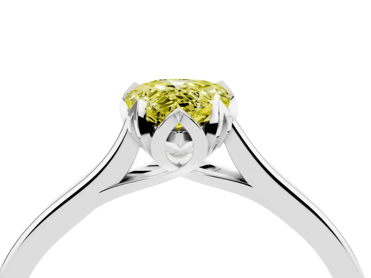 Fancy Yellow Pear Cut Diamond Solitaire Ring with Flower Prong Setting and Classic Band Silver