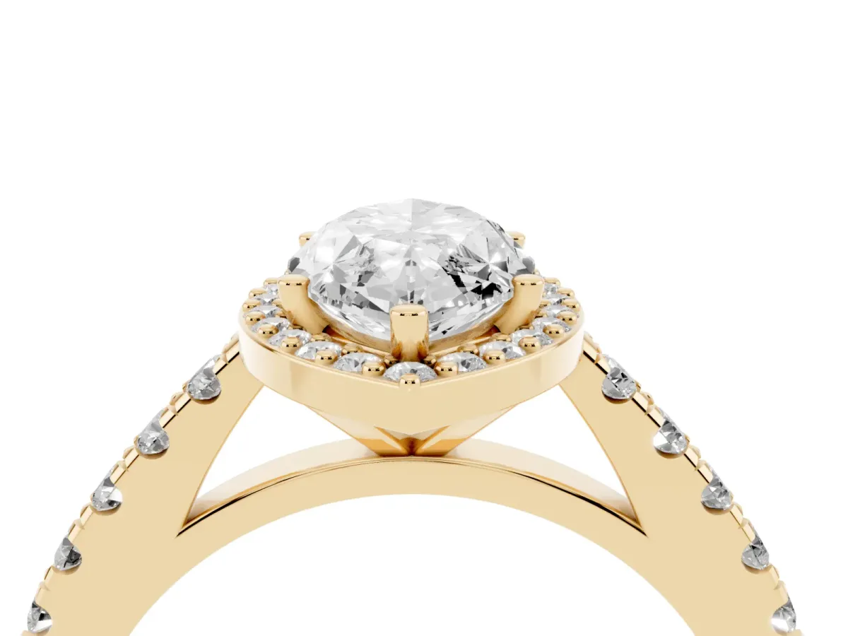 Marquise Cut Cut Halo Diamond Engagement Ring with Pave Band and Four-Prong Setting Yellow gold