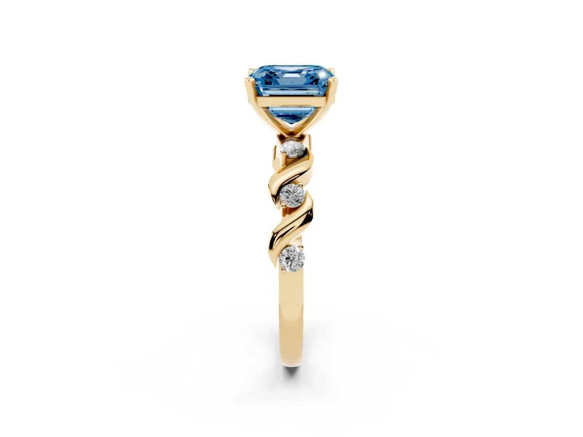 Fancy Blue Asscher Cut Diamond Solitaire Twisted Band with Round Accents and Prong Setting Yellow gold