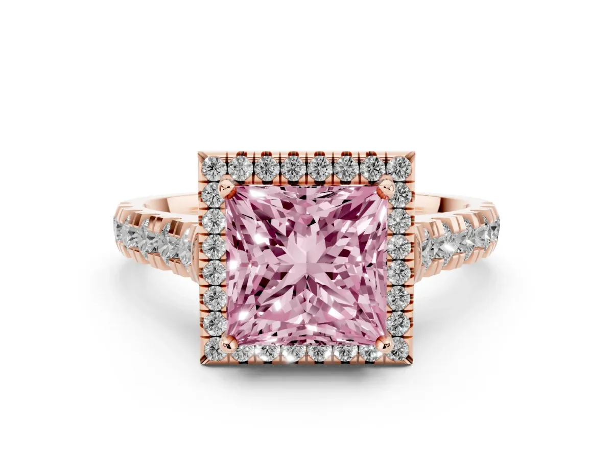 Fancy Pink Princess Cut Halo Pavé Diamond Engagement Ring with Four-Prong Setting Rose gold