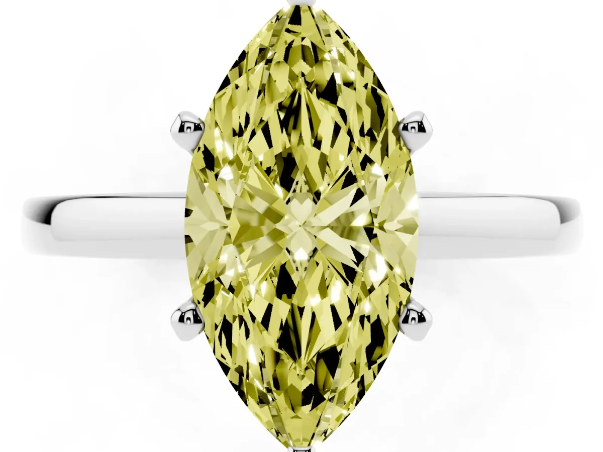 Fancy Yellow Marquise Cut Solitaire Diamond Engagement Ring with Four-Prong Setting on a Classic Band Platinum