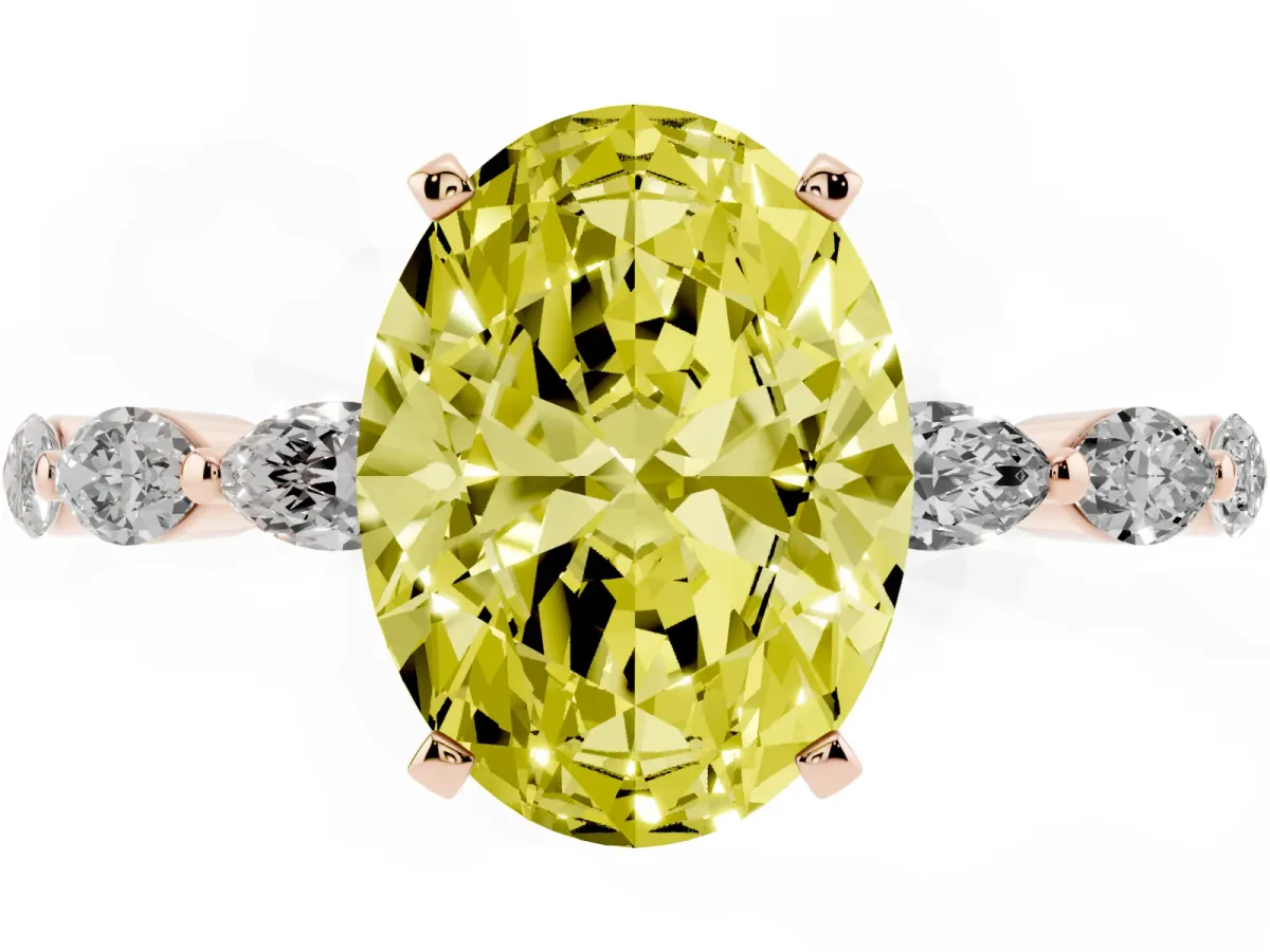 Fancy Yellow Oval Cut Diamond Ring with Marquise Side Stones and Prong Setting Rose gold