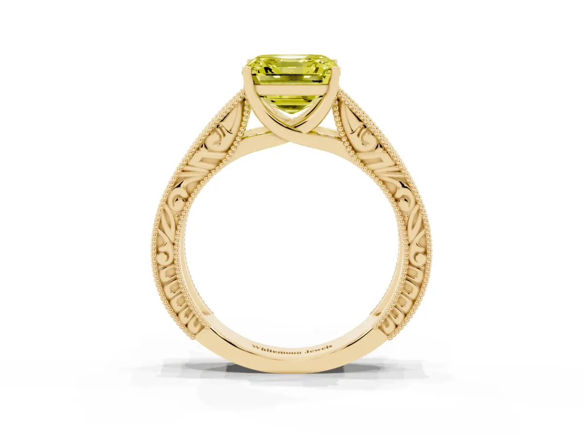 Fancy Yellow Asscher Cut Diamond Solitaire Ring with Engraved Band and Four-Prong Setting Yellow gold