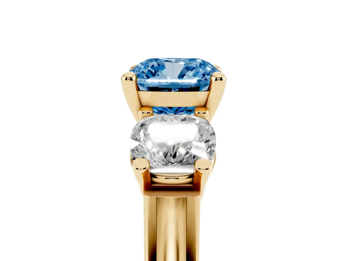 Fancy Blue Three-Stone Cushion Cut Brilliant Diamond Trellis Ring with Comfort Fit Band Yellow gold