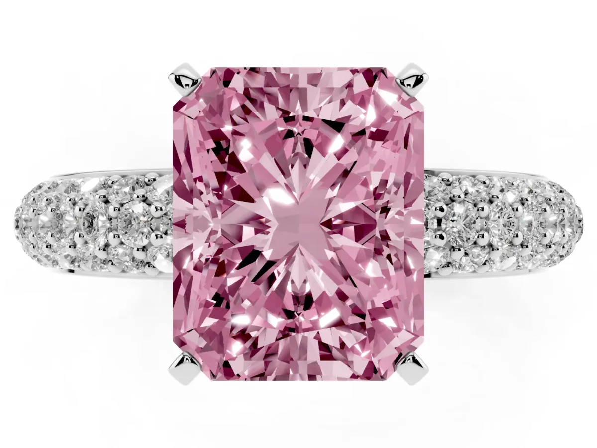 Fancy Pink Radiant Cut Diamond Solitaire Ring with Prong Setting and Pavé Band Silver