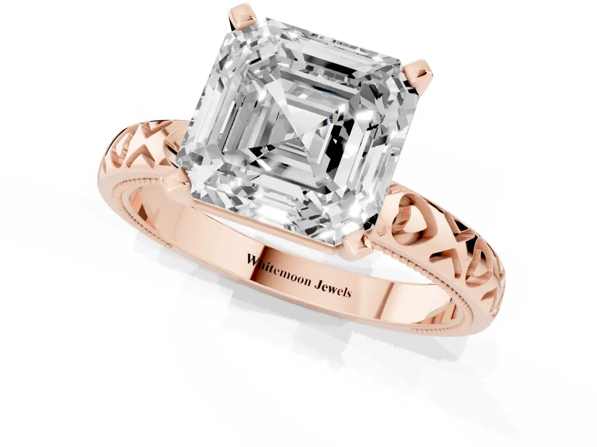 Asscher Cut Solitaire Diamond Engagement Ring with XO Engraved Band and Four-Prong Setting Rose gold