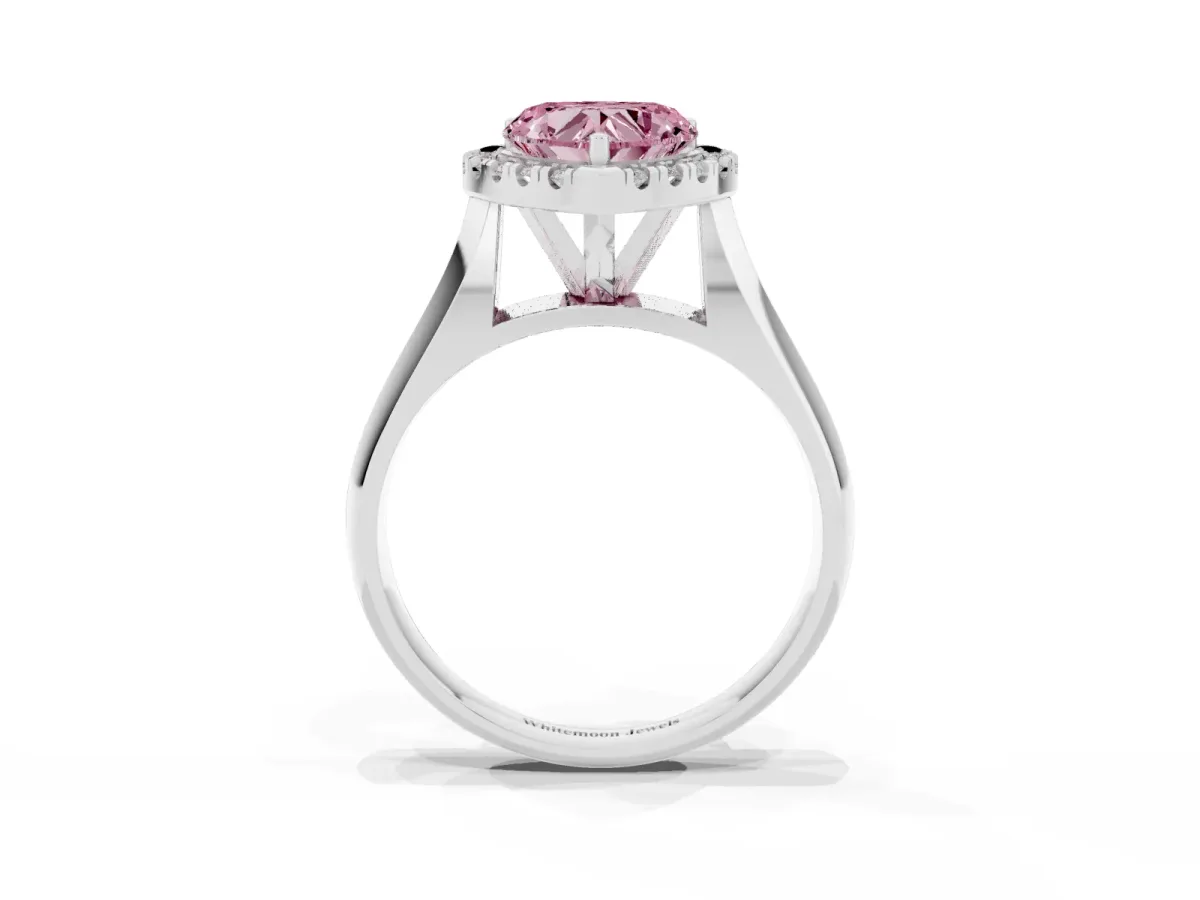 Fancy Pink Heart Cut Cut Halo Solitaire Engagement Ring with Square Band and Four-Prong Setting Platinum