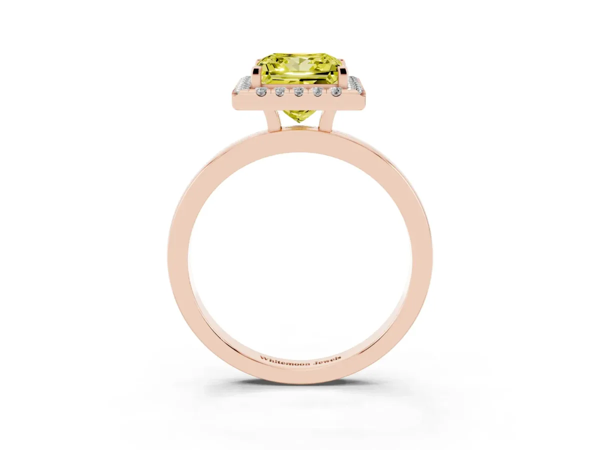 Fancy Yellow Princess Cut Halo Diamond Solitaire with Pavé Band and Four-Prong Setting Rose gold