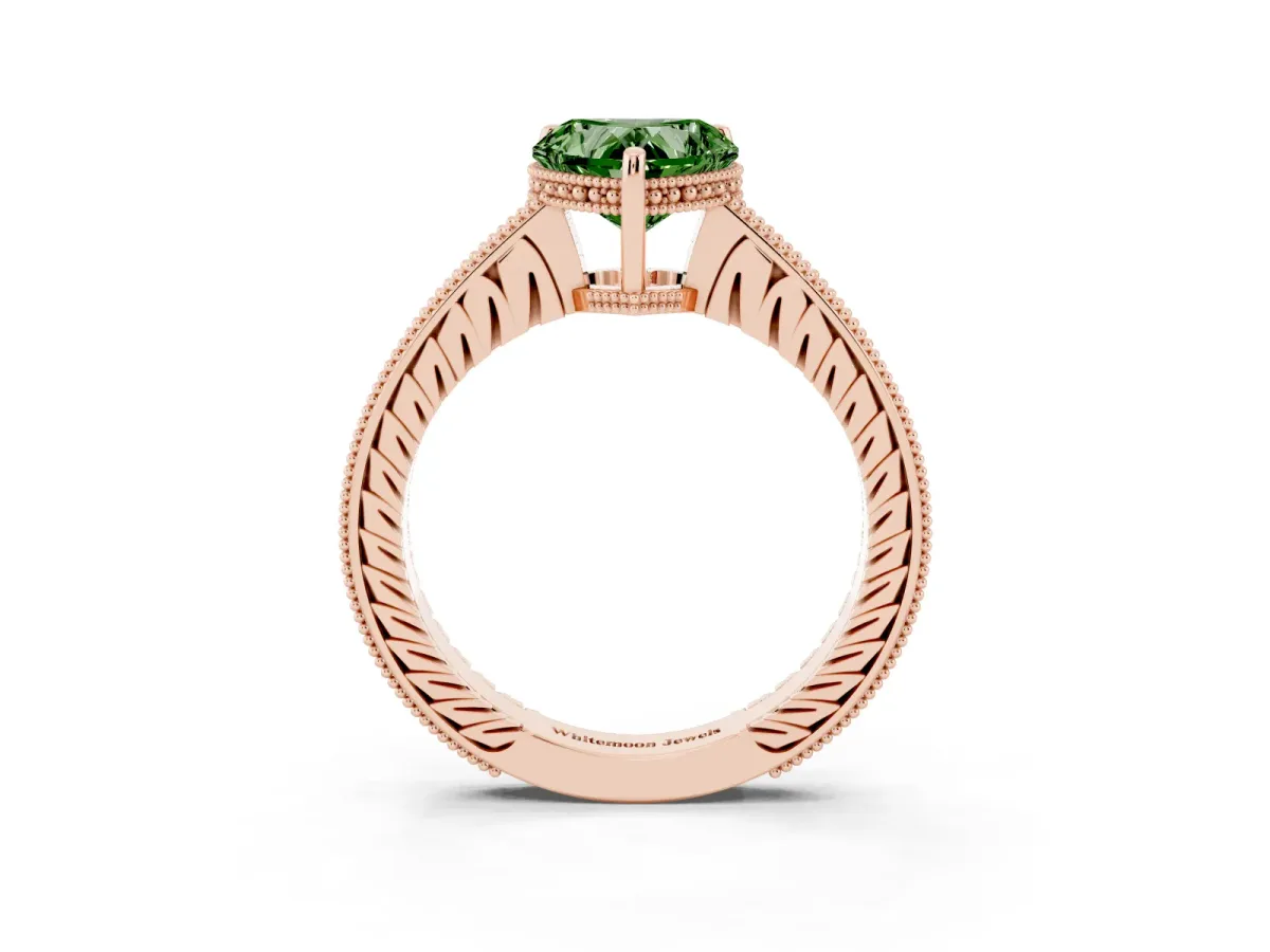Fancy Green Heart Cut Solitaire Pavé Diamond Milgrain Engagement Ring with Four-Prong Setting Rose gold