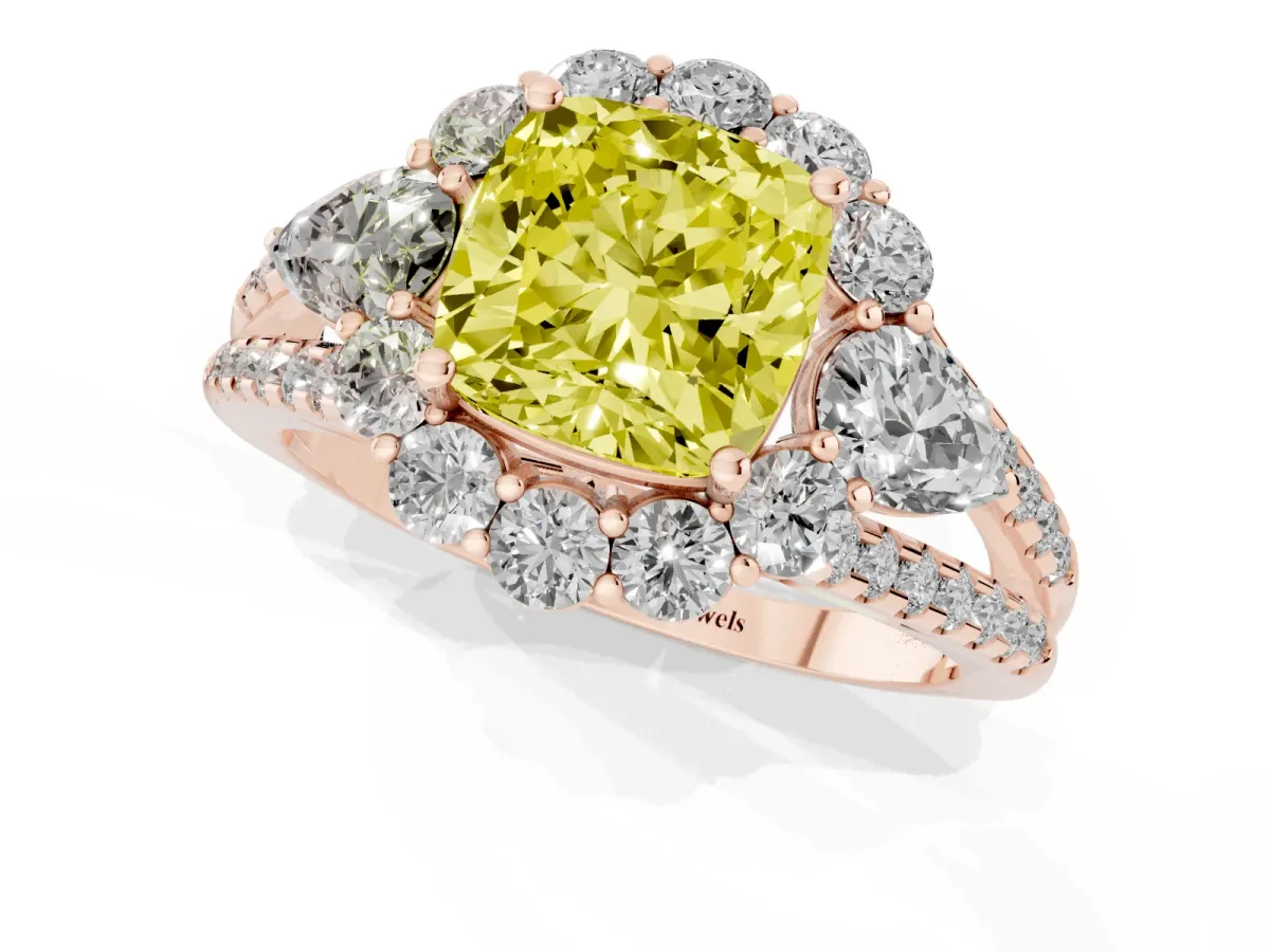 Fancy Yellow Cushion Cut Halo Split Shank Diamond Engagement Ring with Prong Setting Rose gold