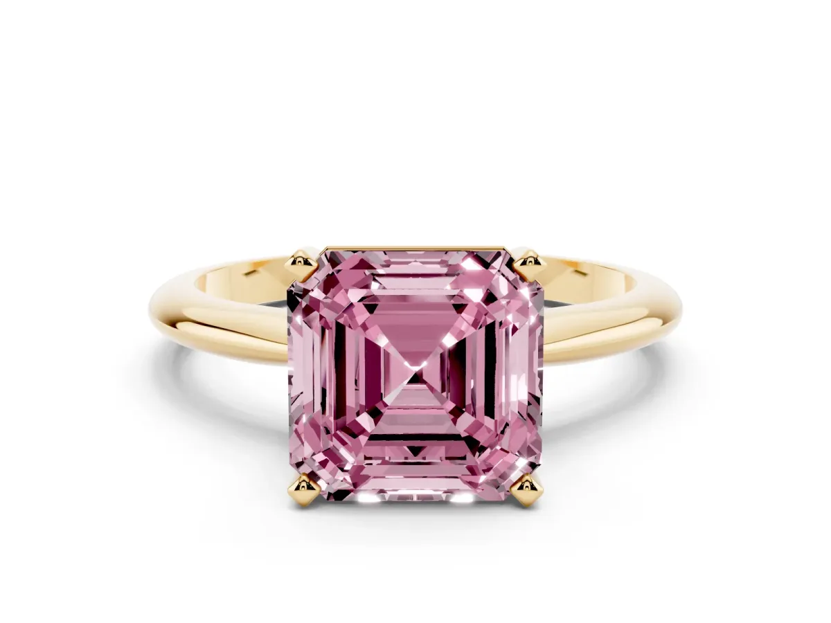 Fancy Pink Asscher Cut Cut Solitaire Ring with Four-Prong Setting on a Classic Band Yellow gold