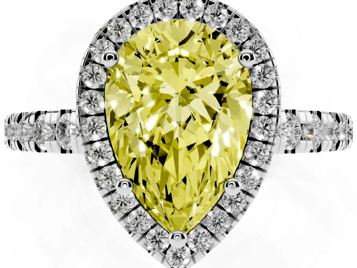 Fancy Yellow Pear Cut Diamond Halo Ring with Pavé Band and Four-Prong Setting White gold