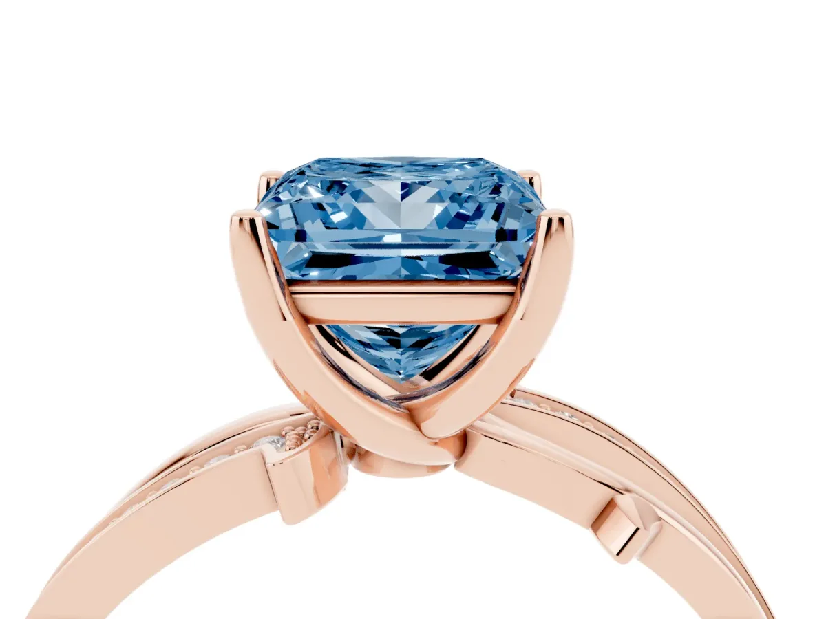 Fancy Blue Princess Cut Solitaire Twist Band with Pavé Accents and Four-Prong Setting Rose gold
