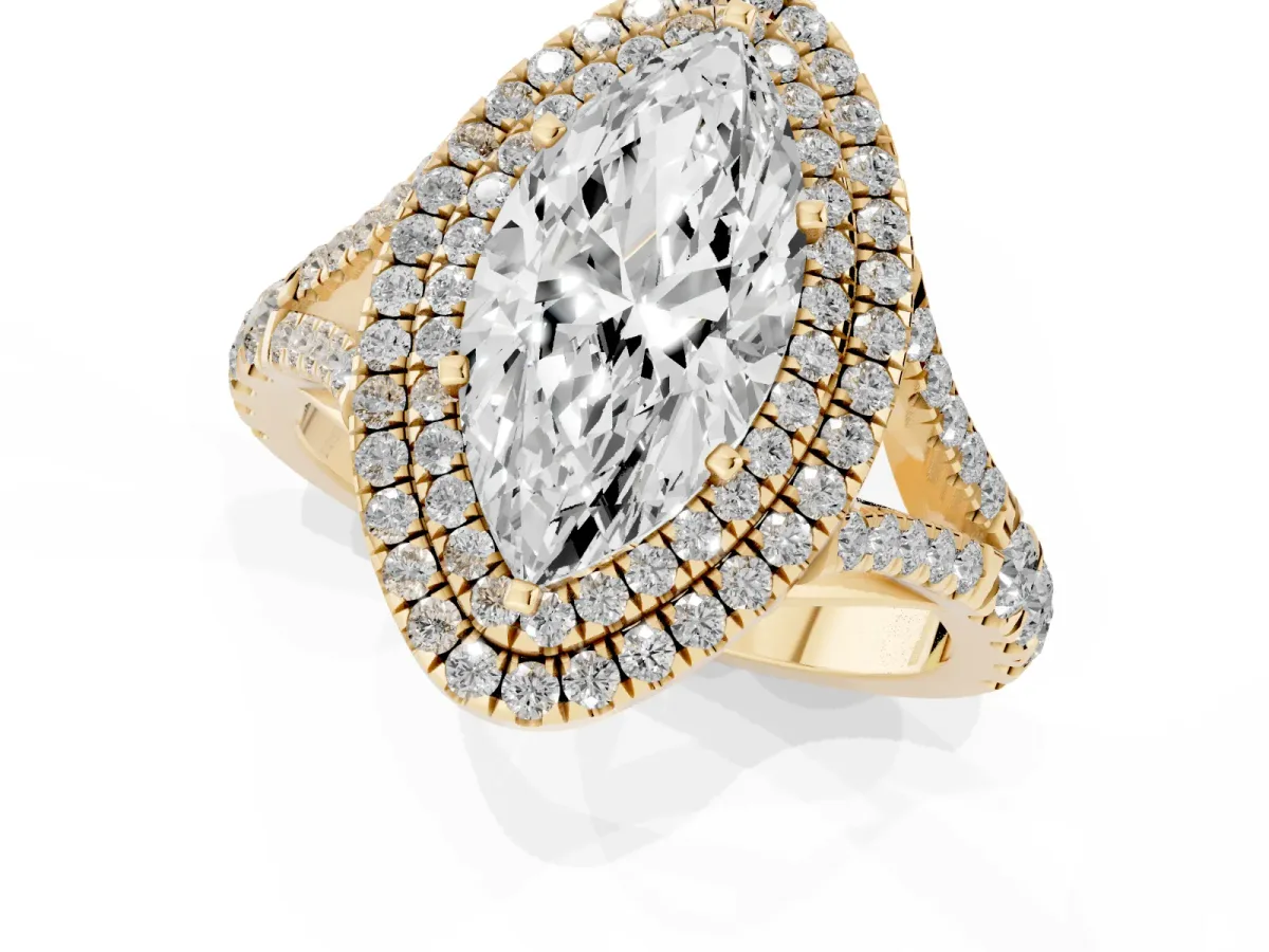 Marquise Cut Cut Double Halo Split Shank Diamond Ring with Prong Setting Yellow gold