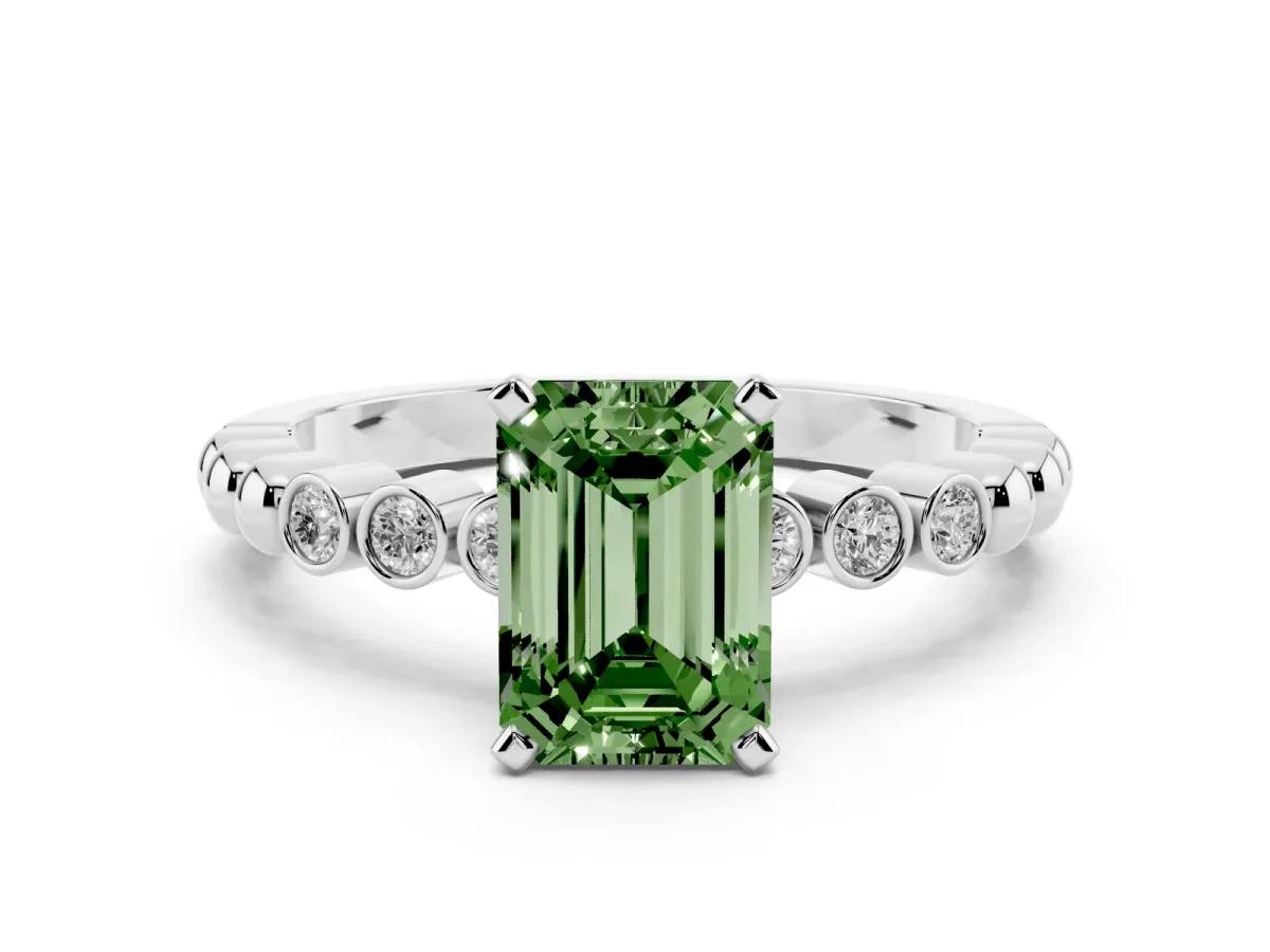 Fancy Green Emerald Cut Solitaire Bezel Accent Diamond Engagement Ring with Beaded Band and Four-Prong Setting Silver