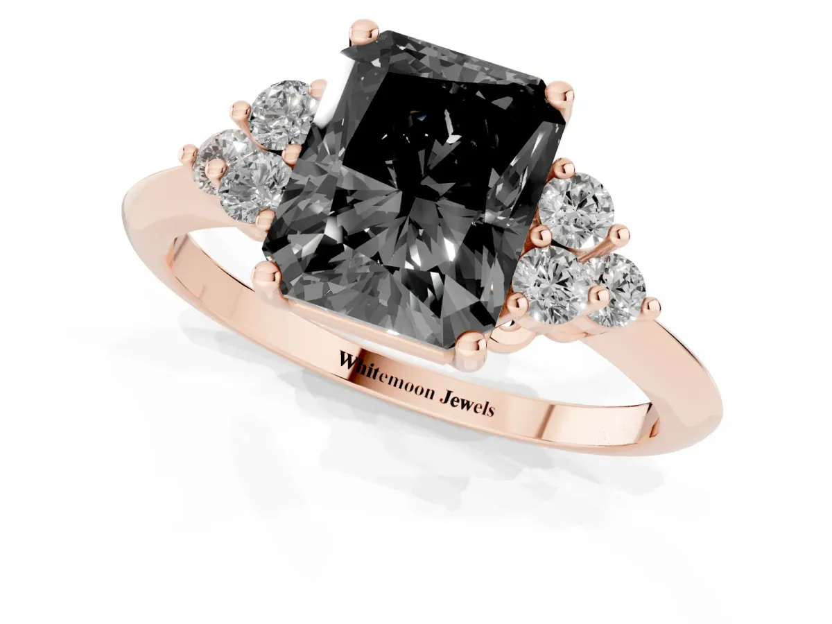 Fancy Black Radiant Cut Cut Diamond Cluster Ring with Solitaire Band and Four-Prong Setting Rose gold