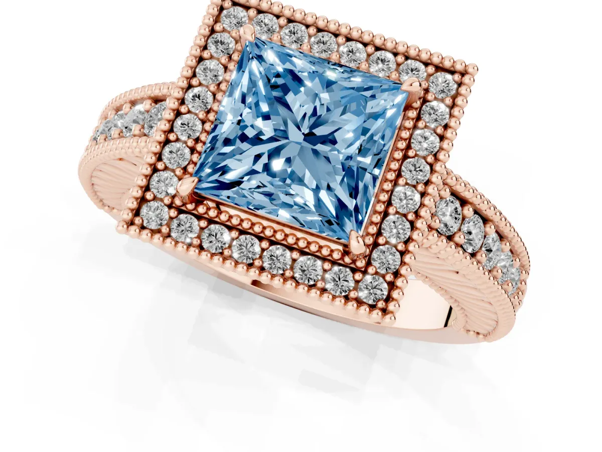 Fancy Blue Princess Cut Cut Halo Diamond Ring with Pavé Band and Four-Prong Setting Rose gold